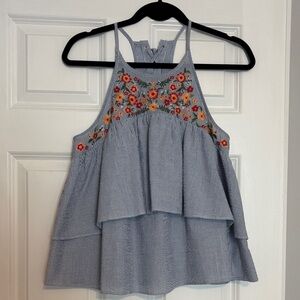 Miss Me Embroidered Halter Ruffle Tank Top